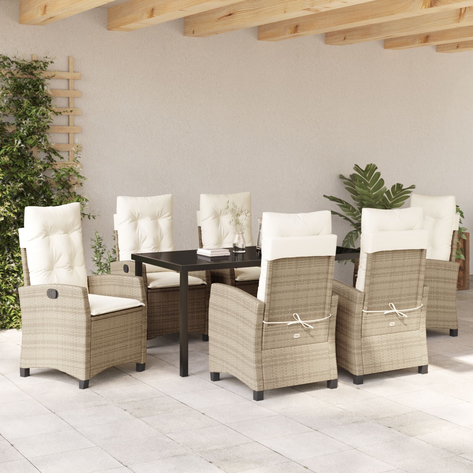 7 Delige Tuin Eettafel Set Met Kussens Beige Poly Rattan