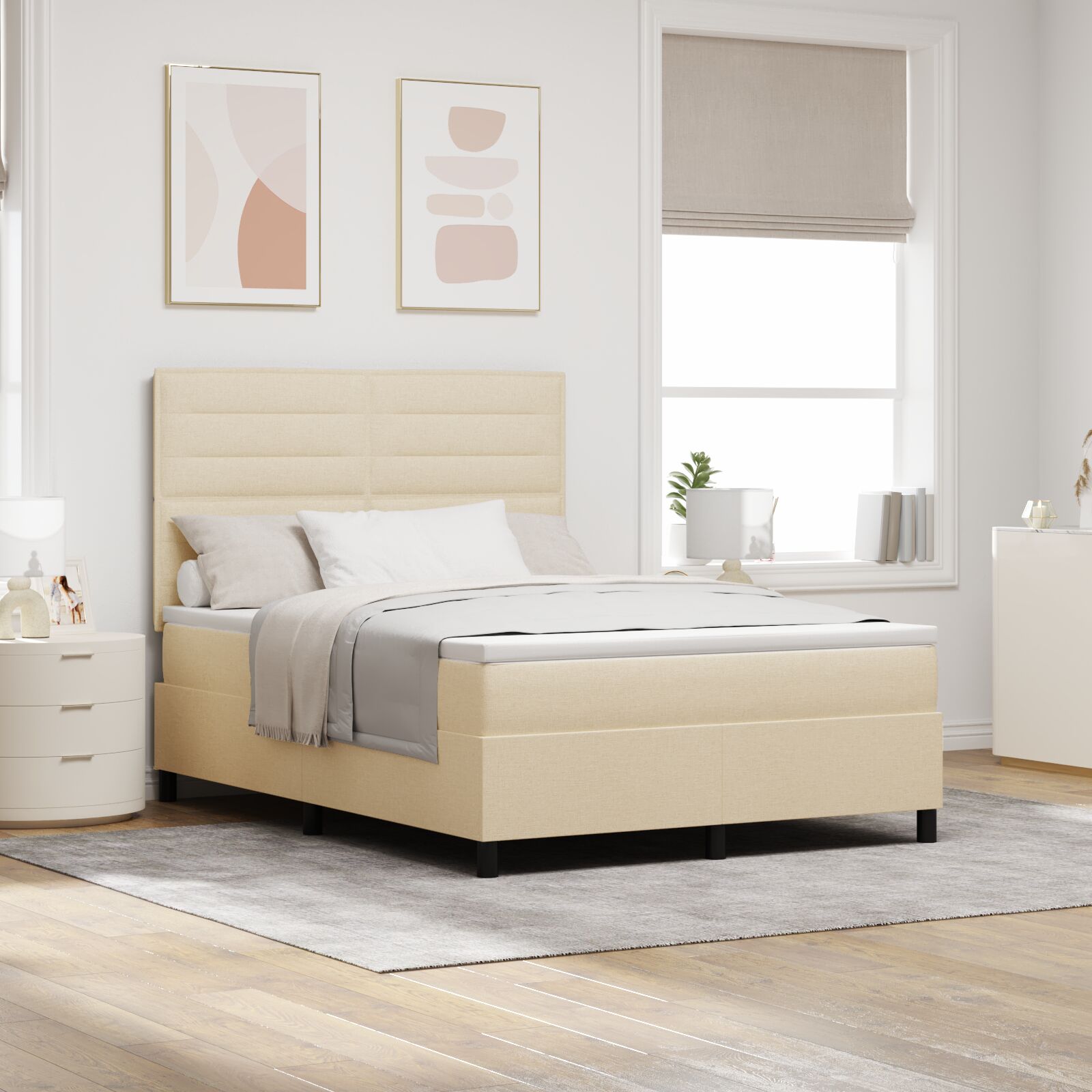 Boxspringbed Met Matras Stof Crème 140 x 200 cm Lijnen ontwerp
