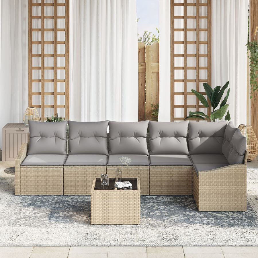 7-Delige Tuin Sofa Set Met Kussens Zwart Poly Riet Beige en grijs met tafel