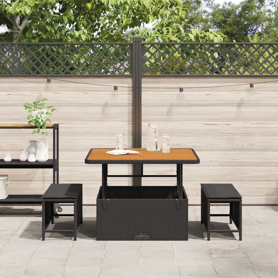 3-Delige Tuin Dinerset Met Kussens Poly Rattan Acacia 100 cm Zwart 2 krukken