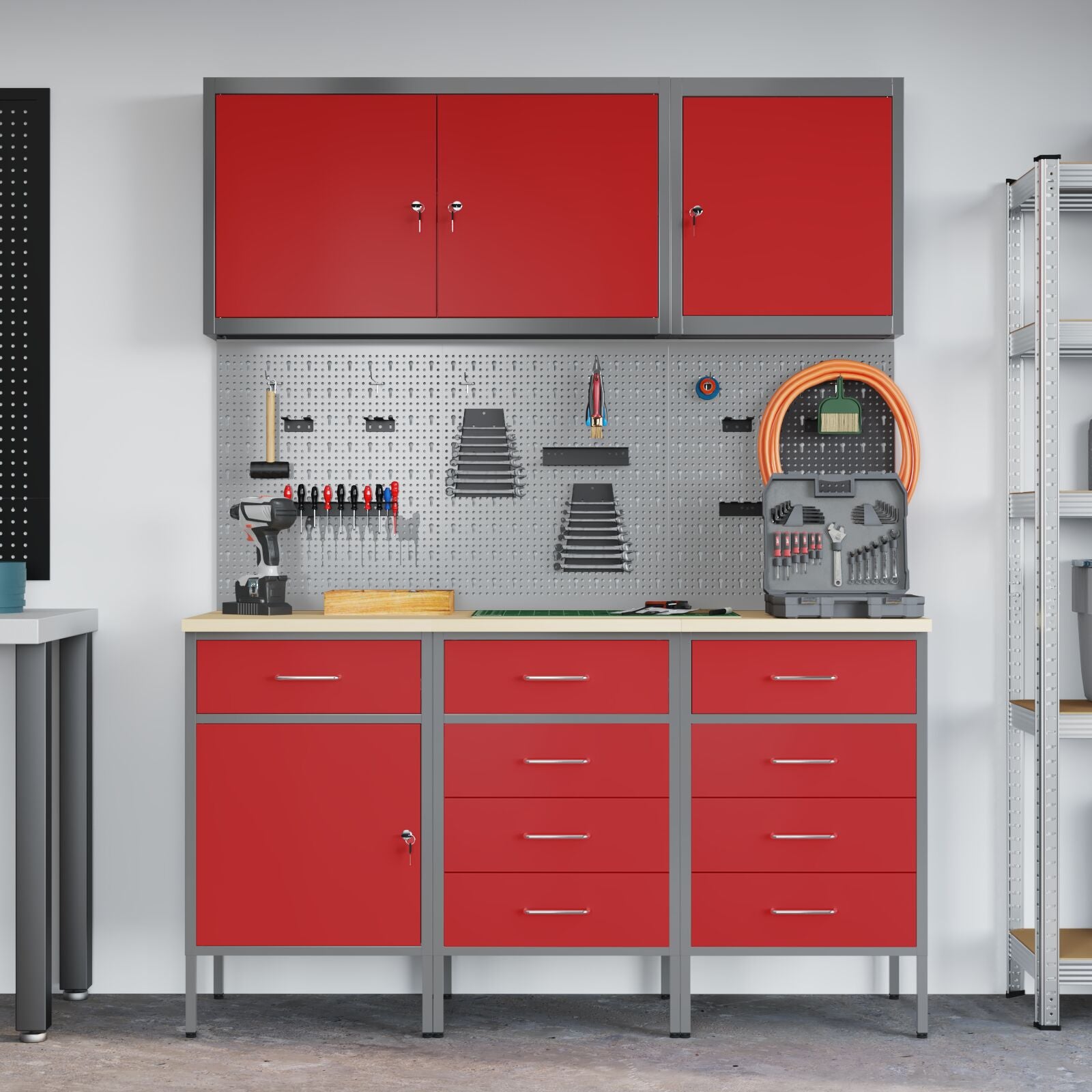 8-Delige Werktafel Set Staal 3x (84/85/85 cm) Rood 3x kast + 3x pegboard + 2x gereedschap kabinet