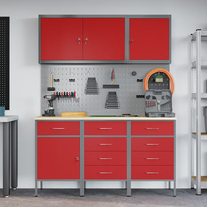 8-Delige Werktafel Set Staal 3x (84/85/85 cm) Rood 3x kast + 3x pegboard + 2x gereedschap kabinet