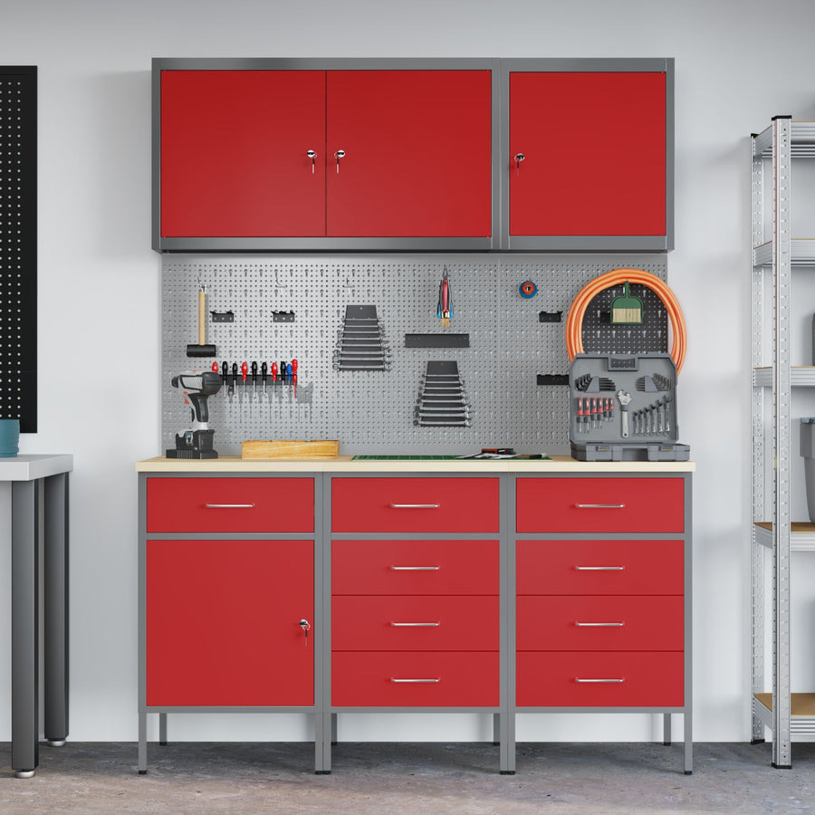 8-Delige Werktafel Set Staal 3x (84/85/85 cm) Rood 3x kast + 3x pegboard + 2x gereedschap kabinet