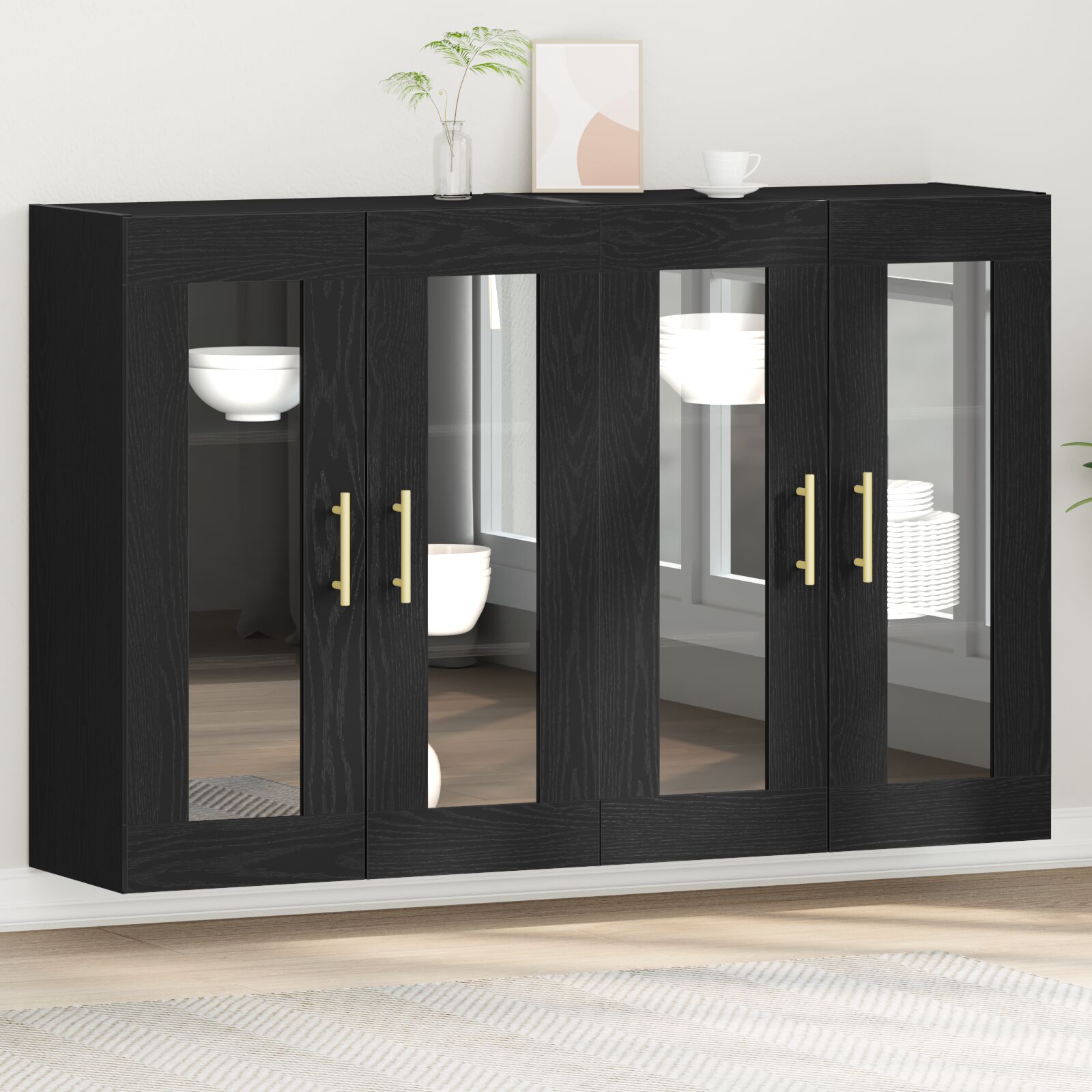 Wandkast Set Van 2 Zwart Eiken Bewerkt Hout 139 X 34 X 90 Cm