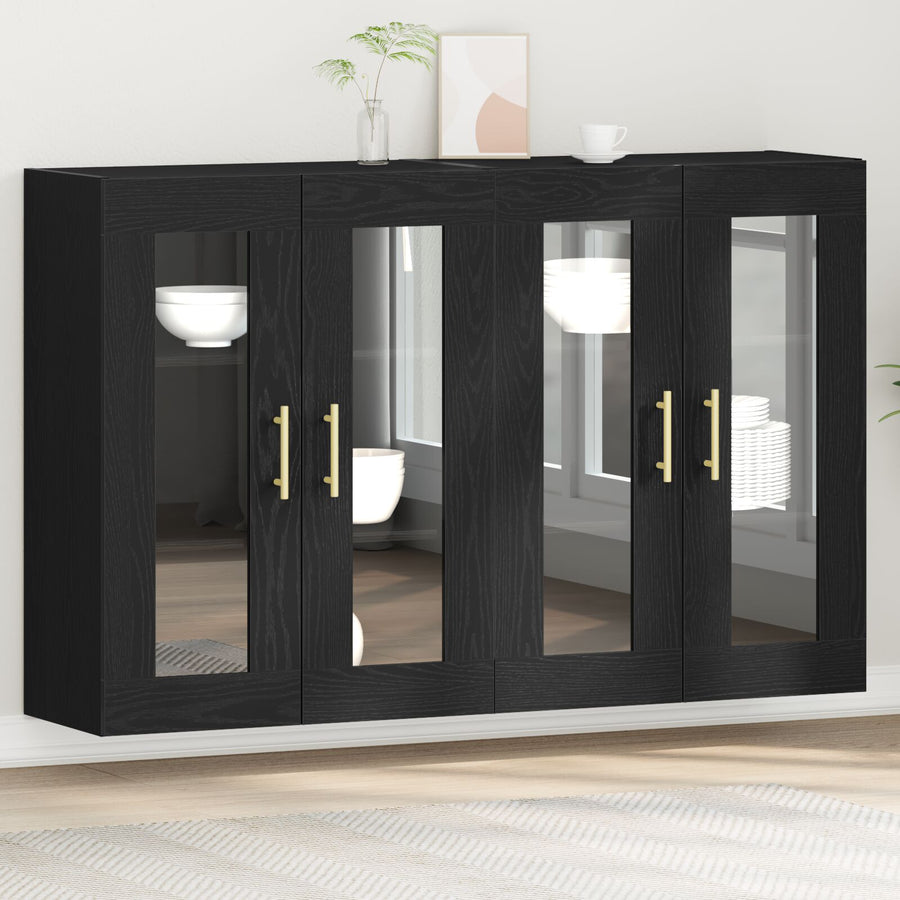 Wandkast Set Van 2 Zwart Eiken Bewerkt Hout 139 X 34 X 90 Cm