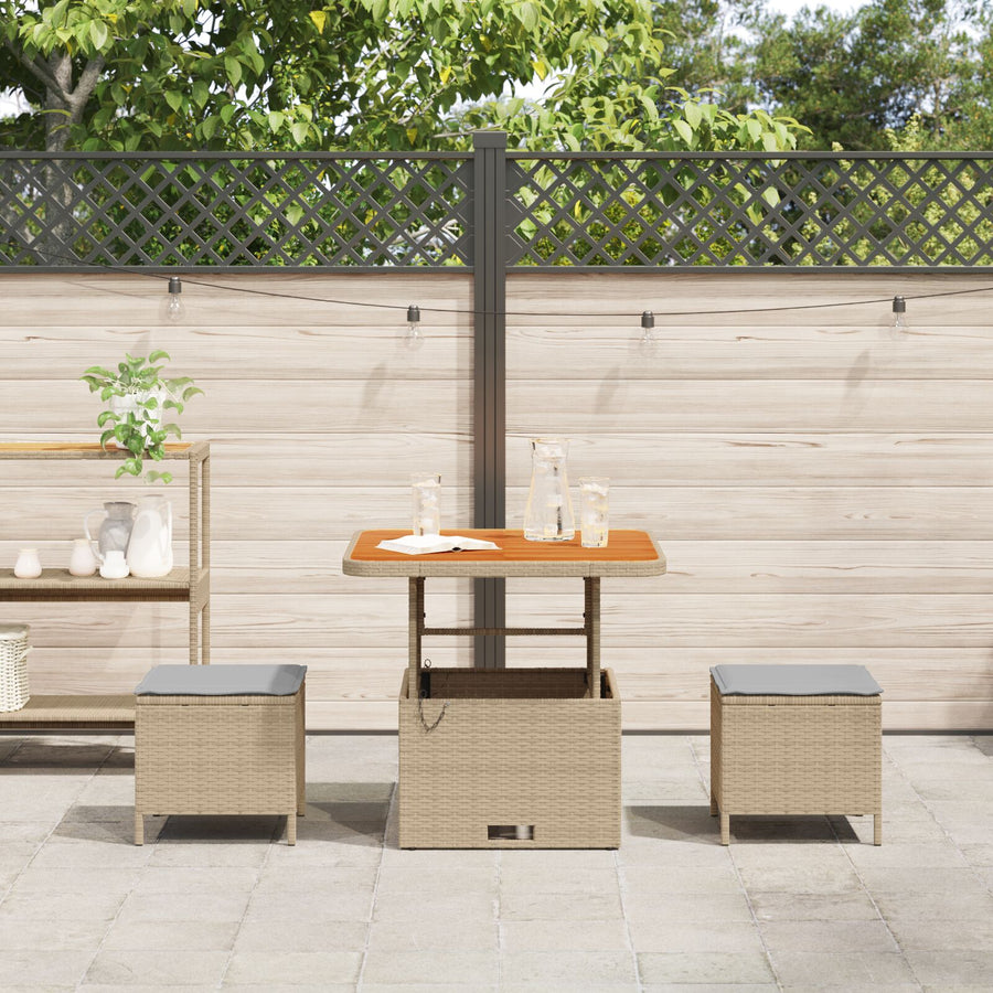 3-Delige Tuin Eetset Met Kussens Poly Rattan Acaciahout 80 cm Beige en grijs 2 stools