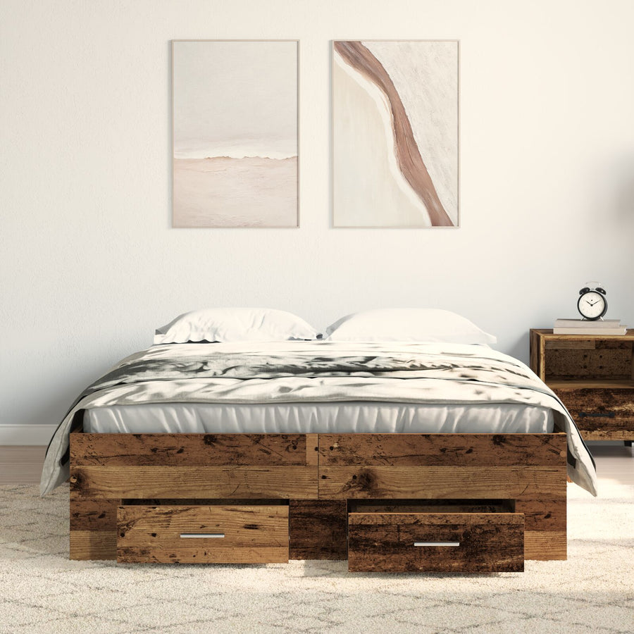 Bed Frame Met Lades Oud Hout 120X200 Cm Bewerkt Hout Ambachtelijk Eiken