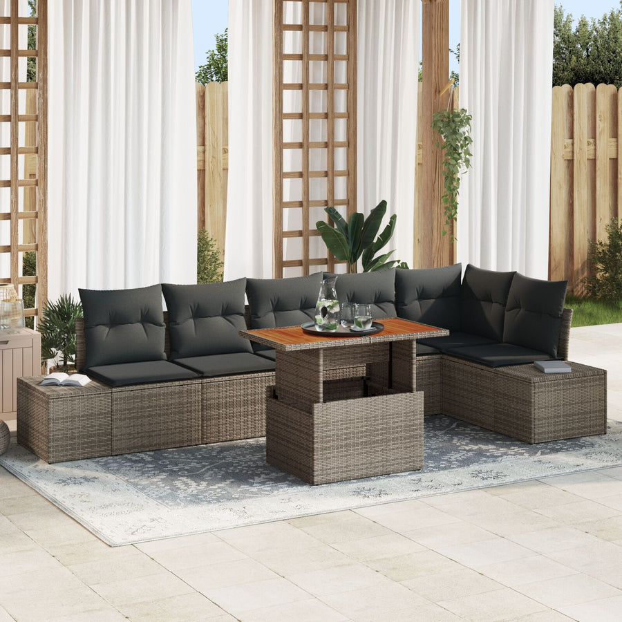 7 Persoons Tuin Eetset Met Kussens Grijs Poly Rattan Acacia