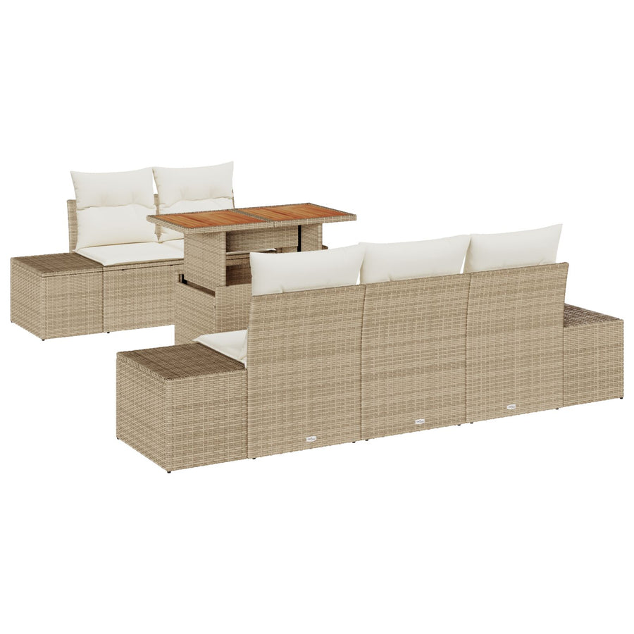 6-Delige Tuin Eettafelset Met Kussens Beige Poly Rattan Acacia