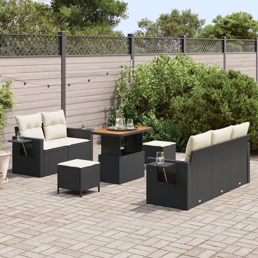 8-Delige Tuin Sofa Set Met Kussens Zwart Poly Rattan Acacia, 3-Delige Tuin Eetset Met Kussens Zwart Poly Rattan Acacia Wit