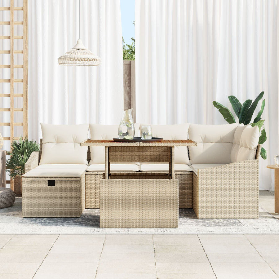7-Delige Tuinsofa-Set Met Kussens Beige Poly Rattan Wit