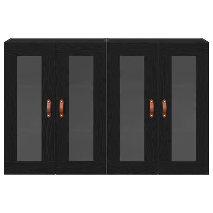 Wandkast Set Van 2 Zwart Eiken Massief Hout, Glas