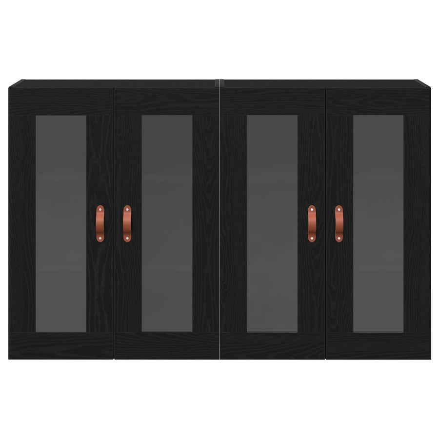 Wandkast Set Van 2 Zwart Eiken Massief Hout, Glas