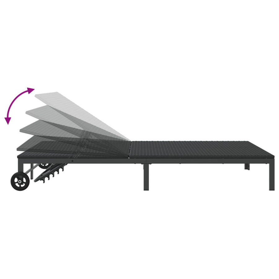 Zonnebed Met Kussens En Wielen Voor 2 Personen Poly Rattan Zwart 200 x 109 x 27,5 cm