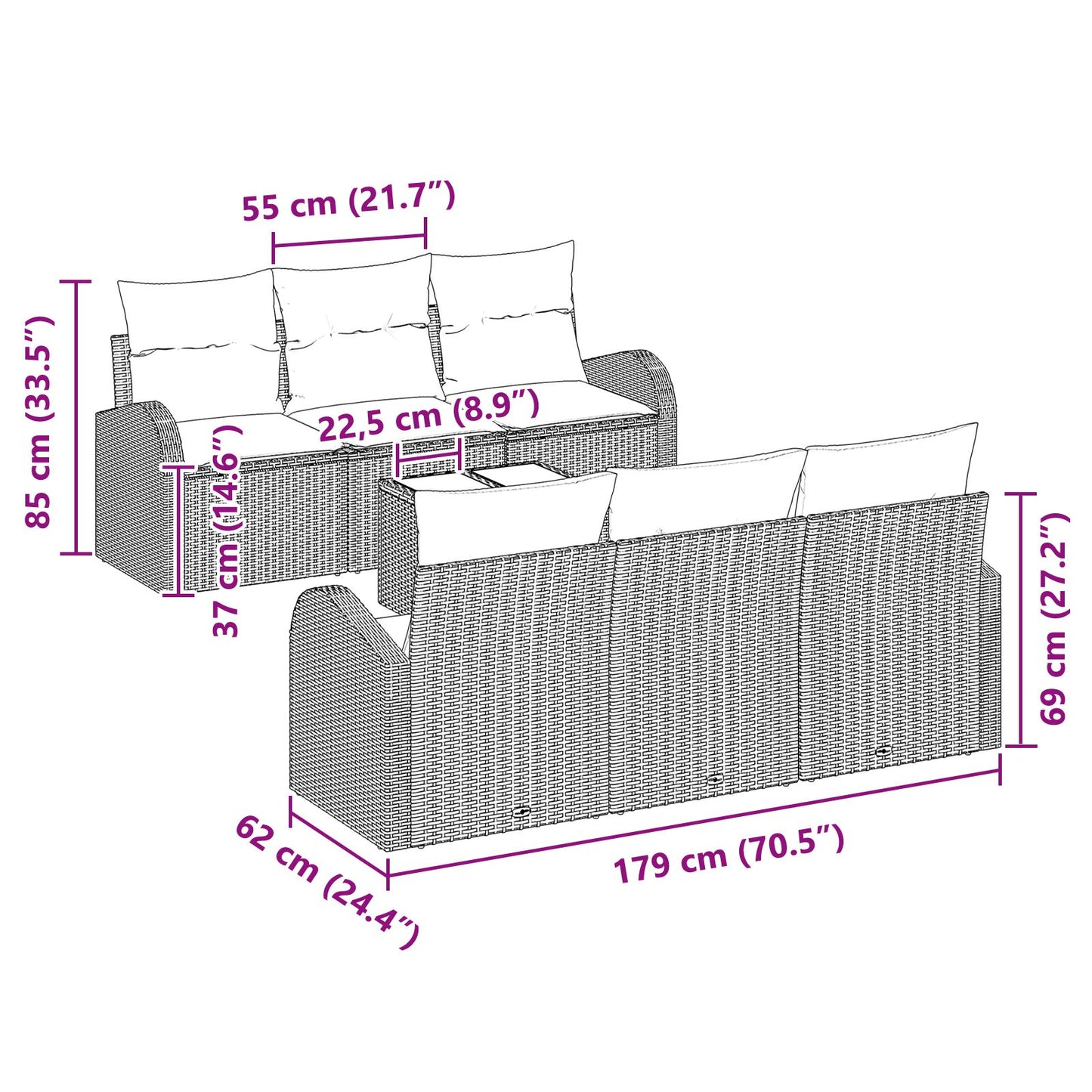 7-Delige Tuin Sofa Set Met Kussens Bruin Poly Rattan