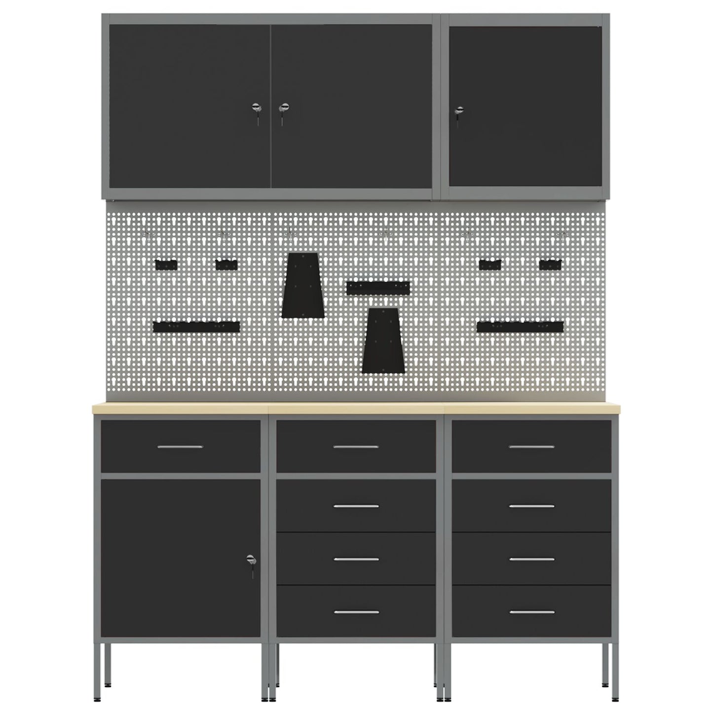 8-Delige Werkbank Set Staal 3x (84/85/85 cm) Zwart 3x kast + 3x gereedschapsbord + 2x gereedschapscabinet