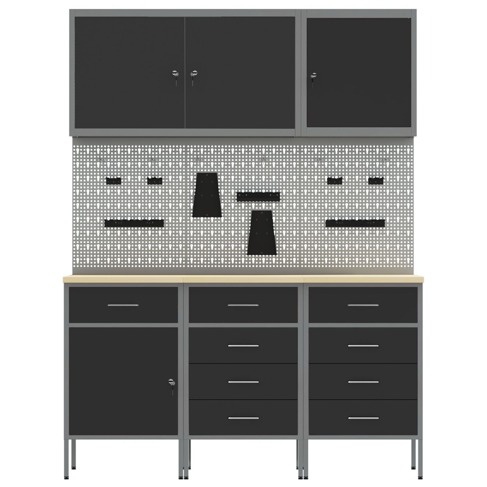 8-Delige Werkbank Set Staal 3x (84/85/85 cm) Zwart 3x kast + 3x gereedschapsbord + 2x gereedschapscabinet
