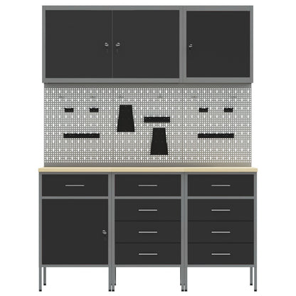 8-Delige Werkbank Set Staal 3x (84/85/85 cm) Zwart 3x kast + 3x gereedschapsbord + 2x gereedschapscabinet