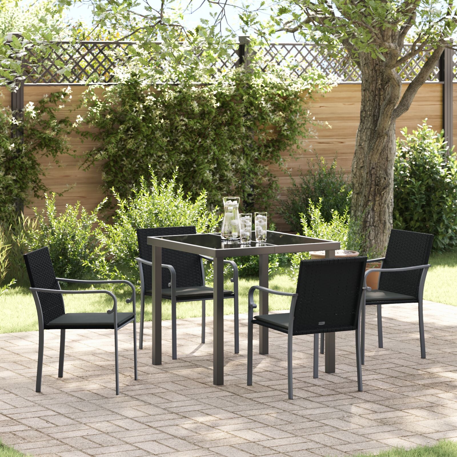 5-Delige Tuintafelset Met Kussens Poly Rattan 4-Zitter Zwart 80 cm