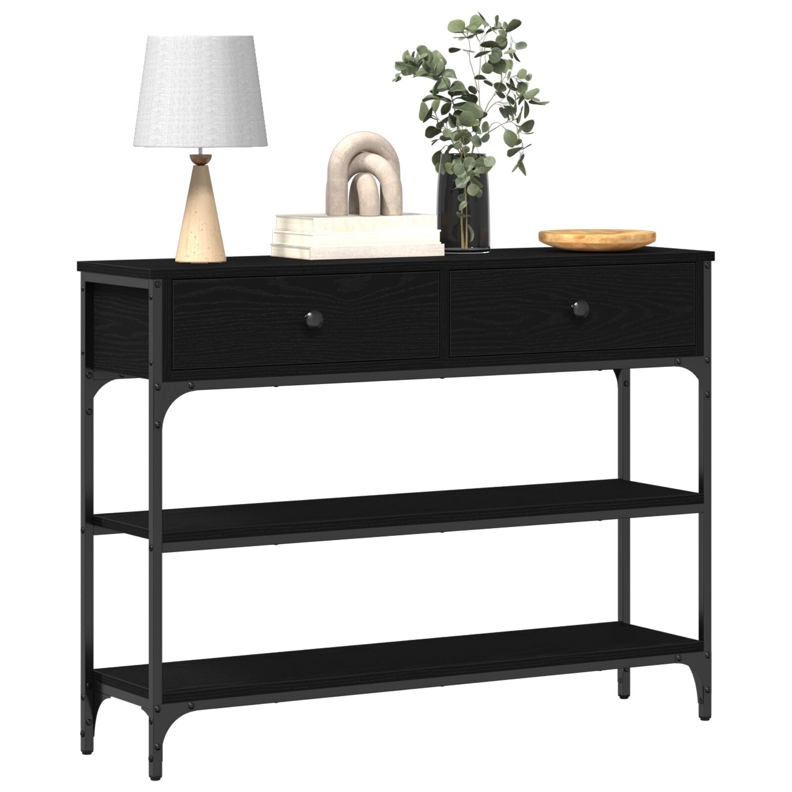 Consoletafel Zwart Eiken 100X25X75 Cm Geengineerd Hout & Staal