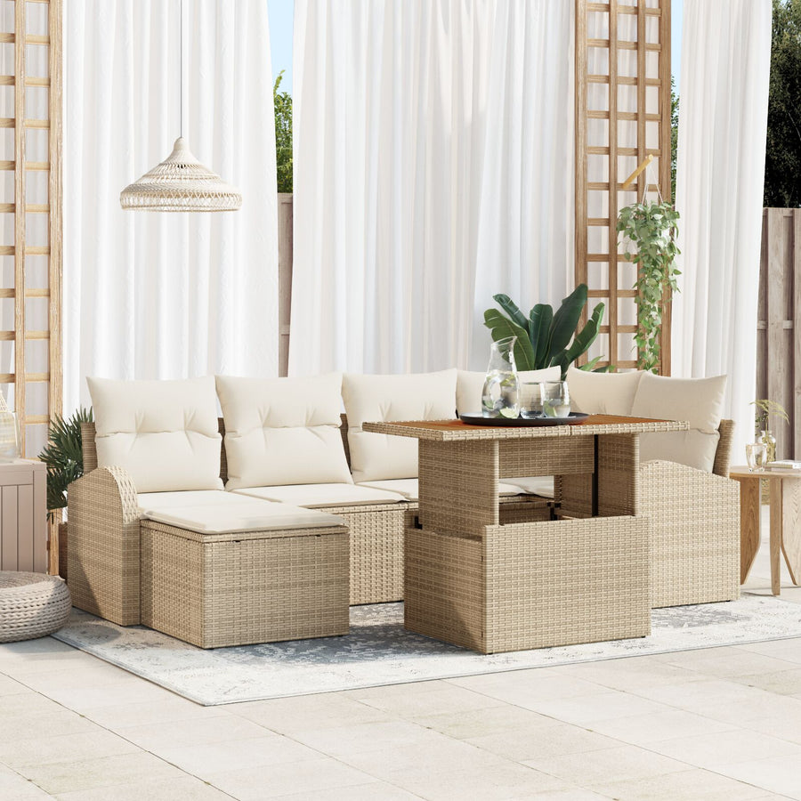 7 Delige Tuin Eettafel Set Met Kussens Beige Poly Rattan Acacia