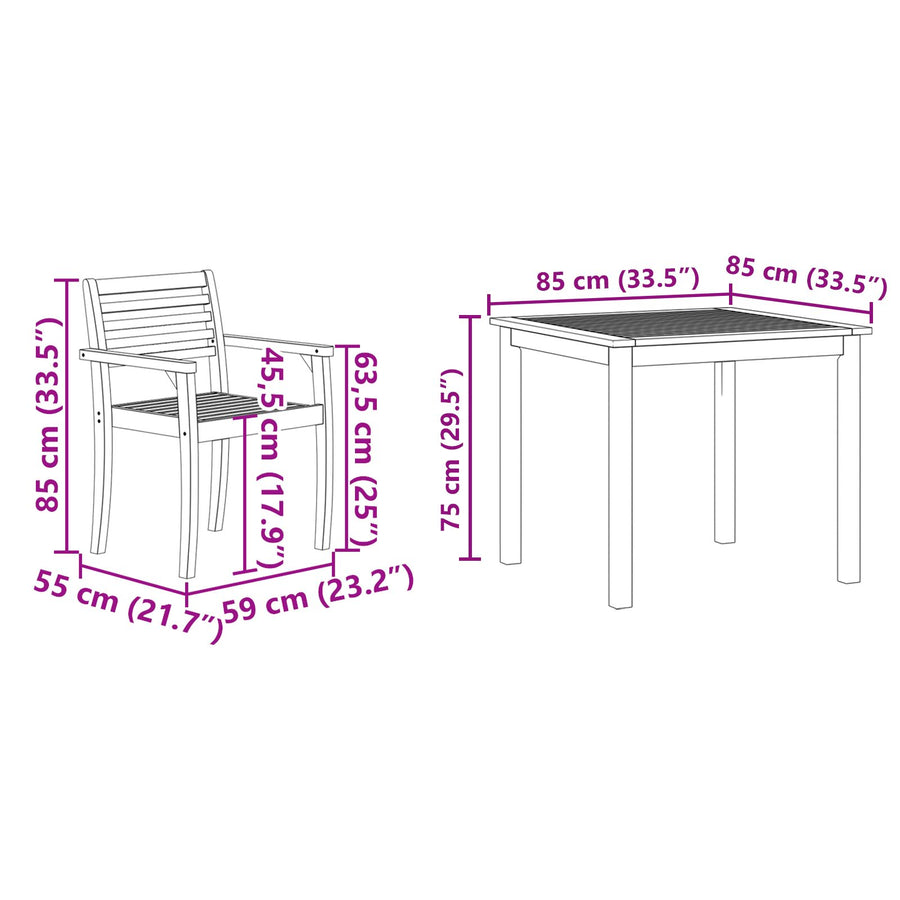 3-Delige Tuin Eettafelset Van Massief Acaciahout 2-Persoons 85 cm tafel lengte