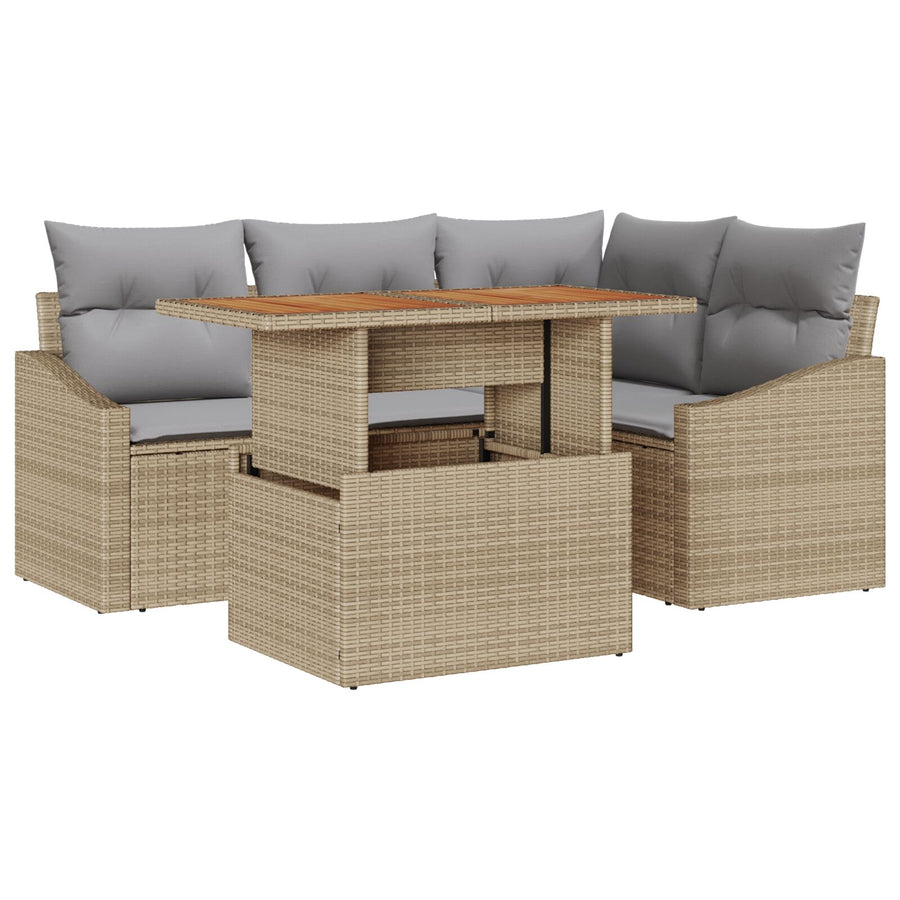 5-Delige Tuindining Set Met Kussens Beige Poly Rattan Acacia