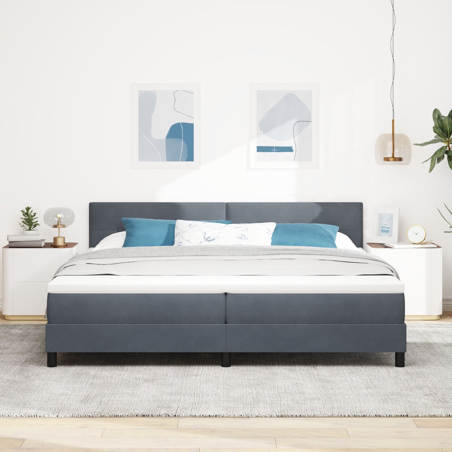 Boxspringbed Met Matras Donkergrijs 200X200 Cm Velvet Blauw