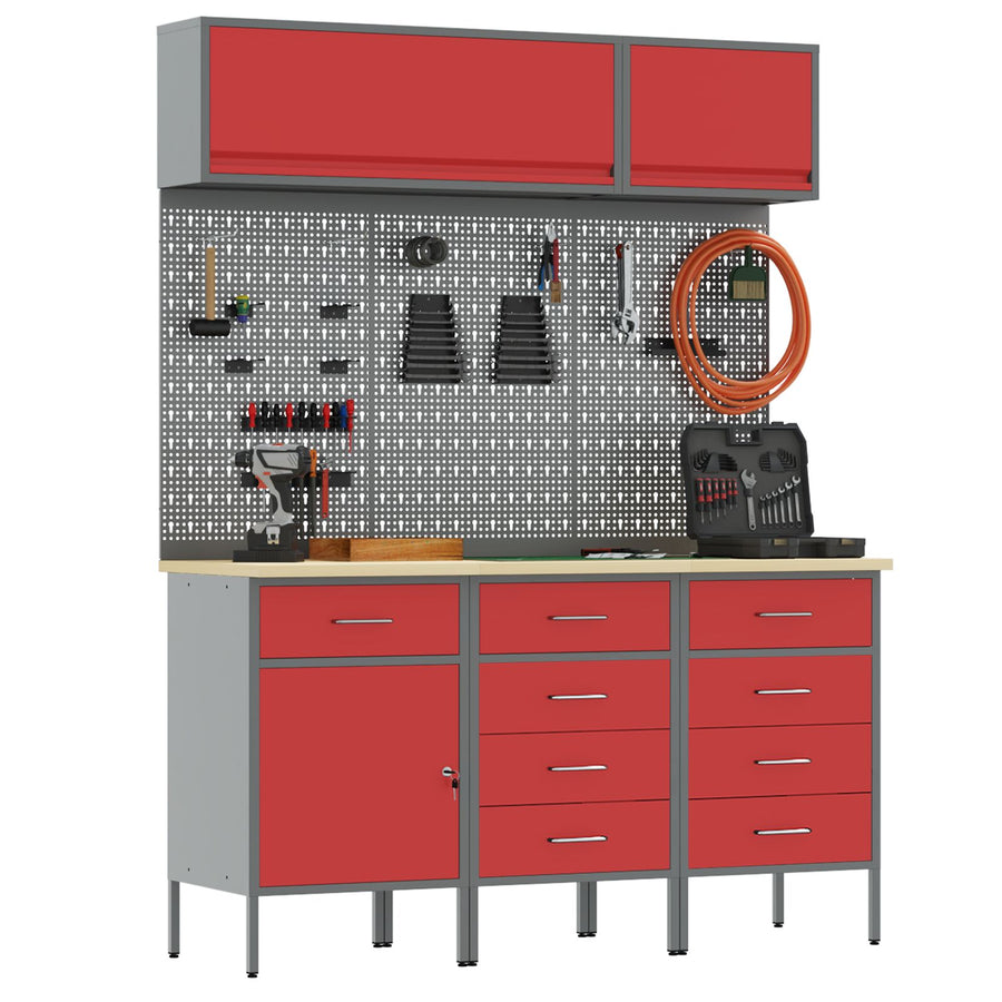 8-Delige Werkbank Set Staal 3x (84/85/85 cm) Rood 3x kast + 3x pegboard + 2x kast met deur