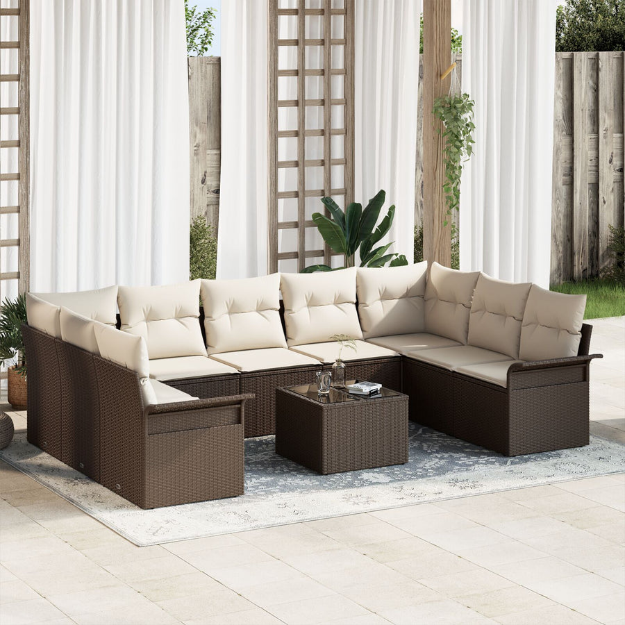 9 Persoons Tuinsofa Set Met Kussens Grijs Poly Rattan Bruin en crème met tafel