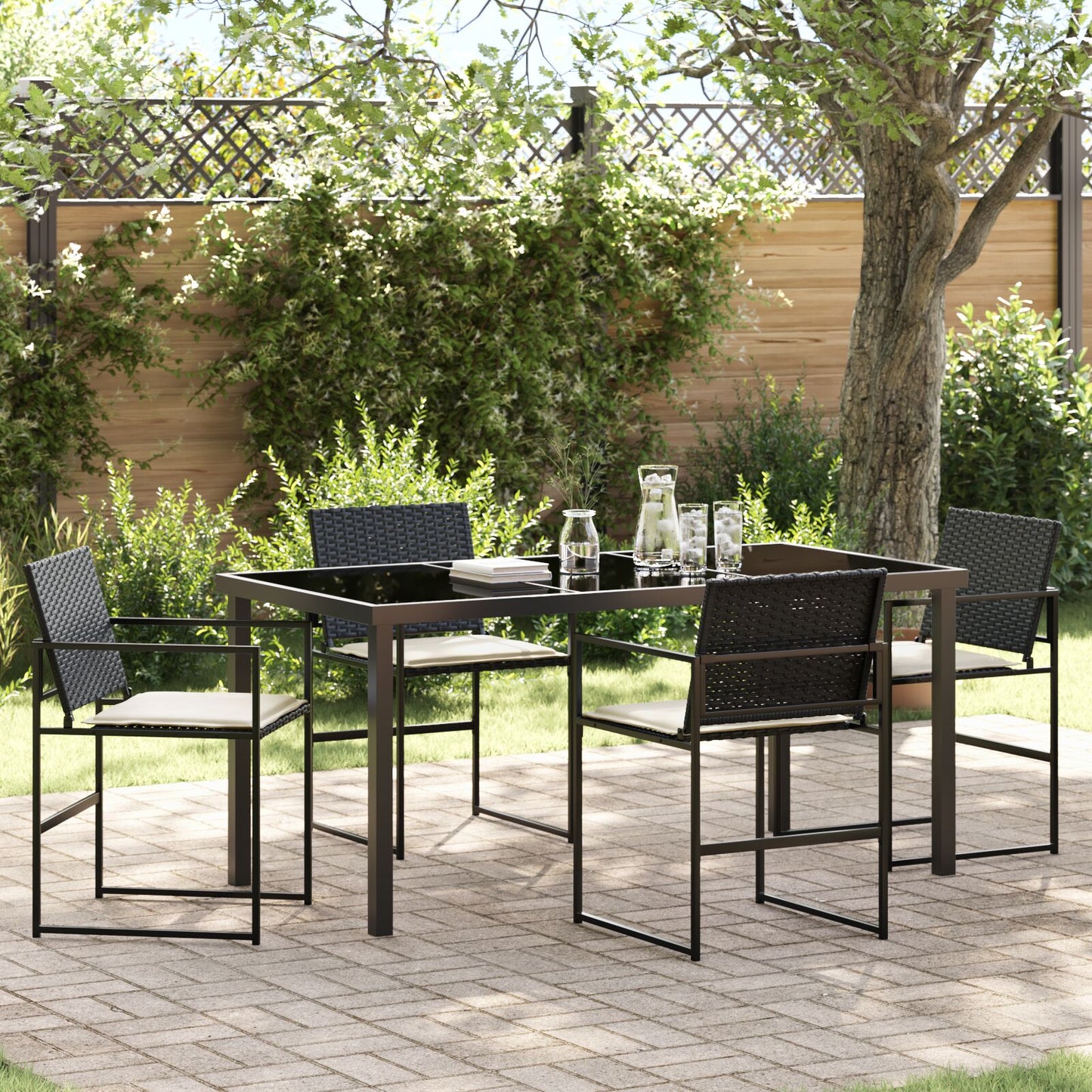 5 Delige Tuin Eettafel Set Met Kussens Zwart Poly Rattan