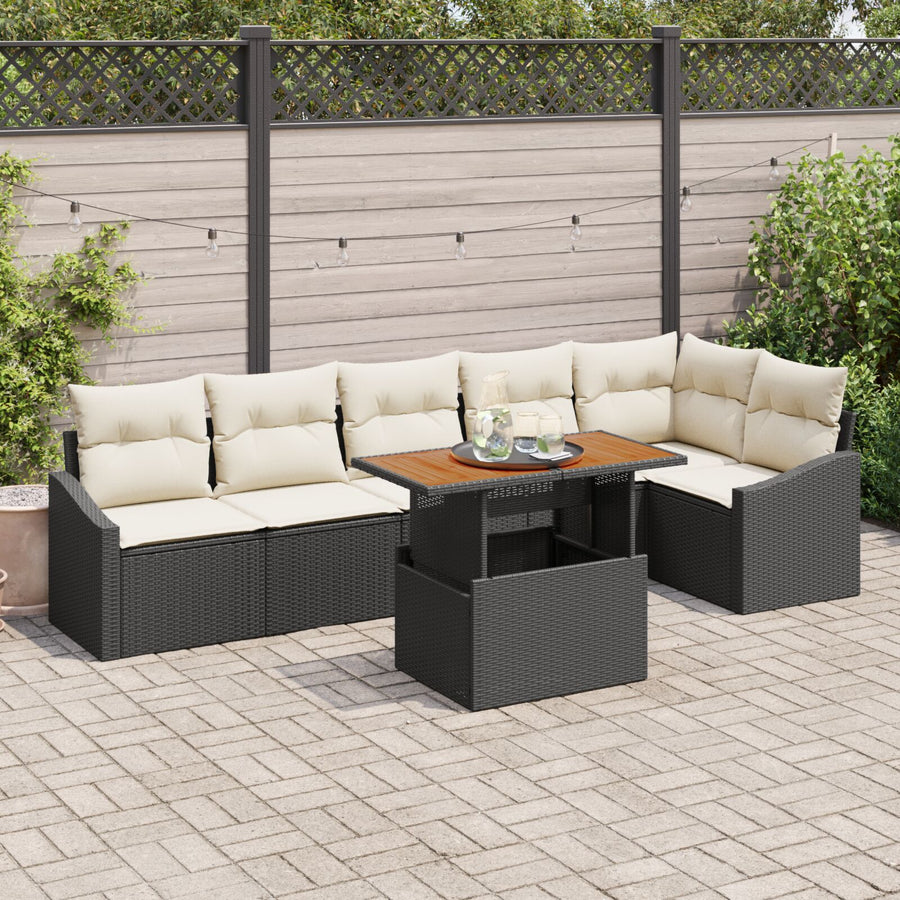 7-Delige Tuin Eettafel Set Met Kussens Zwart Poly Rattan Acacia