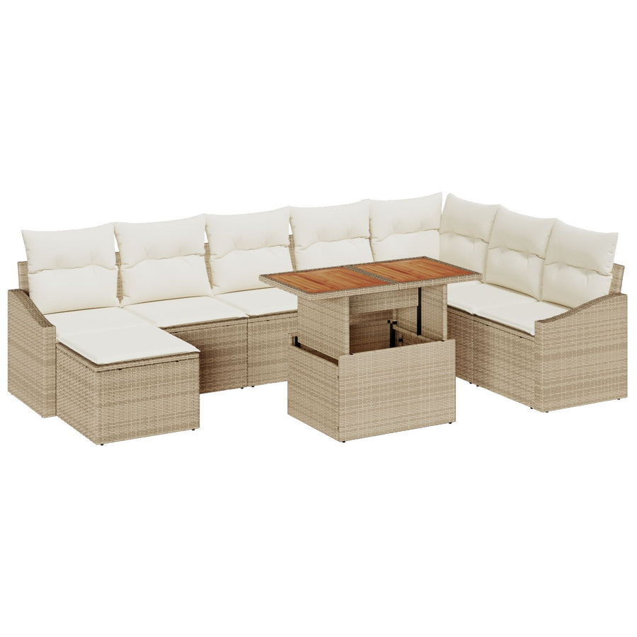 9-Delige Tuin Eetset Met Kussens Beige Poly Riet Acacia