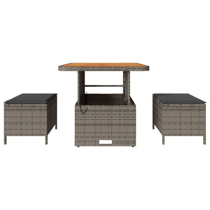 3-Delige Tuin Eetset Met Kussens Poly Rattan Acacia 80 cm Grijs 2 krukken