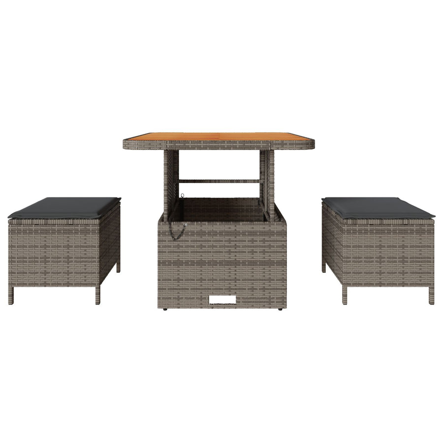 3-Delige Tuin Eetset Met Kussens Poly Rattan Acacia 80 cm Grijs 2 krukken