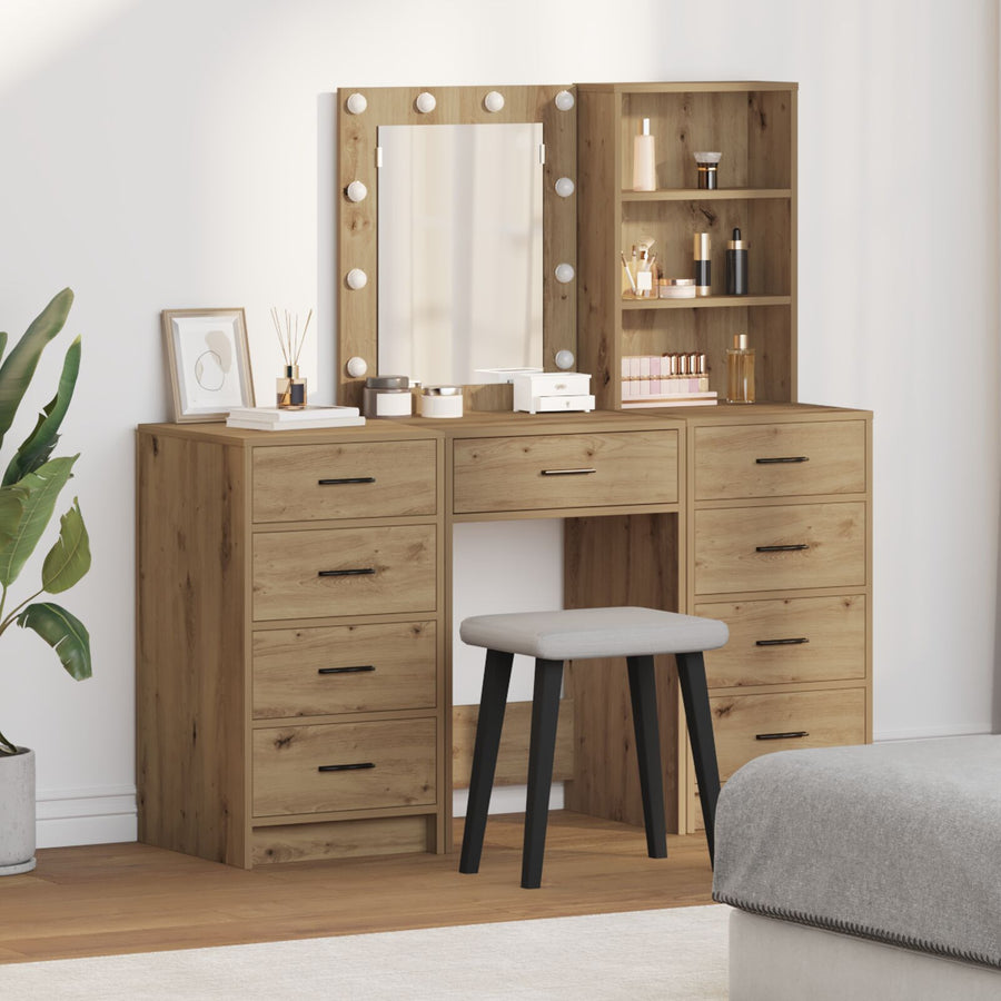 3-Delige Kaptafel Set Met Led In Artisan Eiken Bewerkt Hout