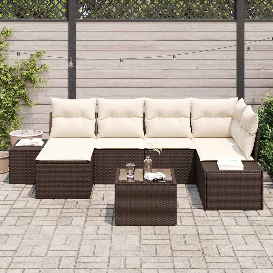 Tuin Sofa Set Set Van 7 Bruin En Crème Rattan En Stof