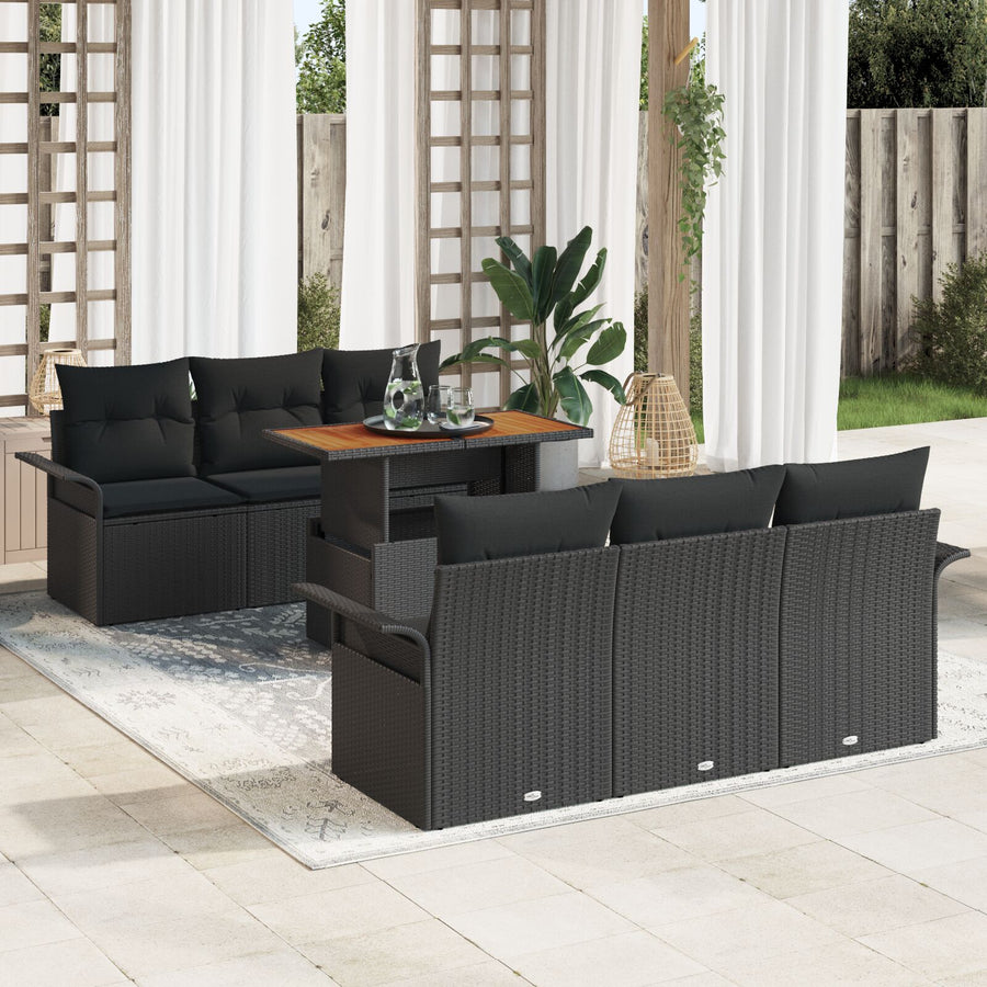 7-Delige Tuinbank Set Met Kussens Zwart Poly Riet Acacia