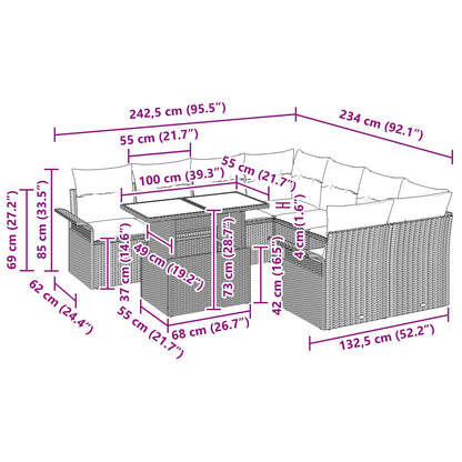 9-Delige Tuinbank Set Met Kussens Zwarte Poly Rattan