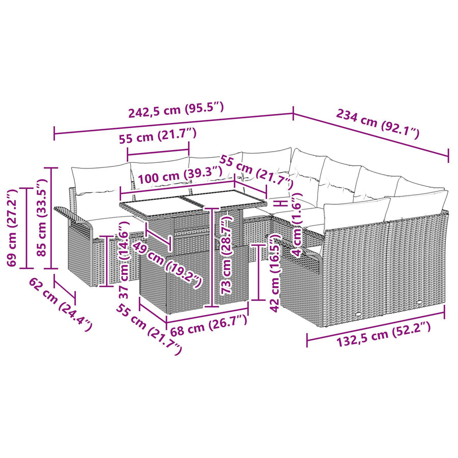 9-Delige Tuinbank Set Met Kussens Zwarte Poly Rattan