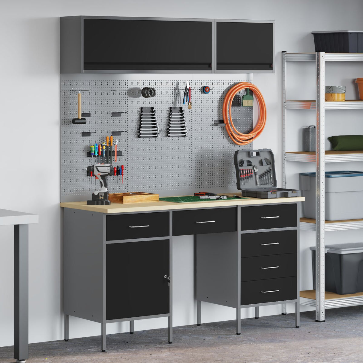 8-Delige Werkcabinet En Pegboard Set Zwart Mdf En Metaal