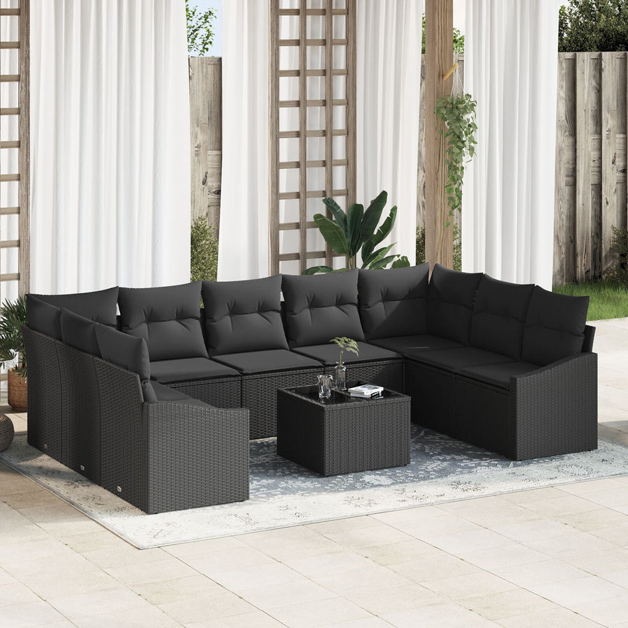10-Delige Tuinbankset Met Kussens Beige Poly Rattan Zwart met tafel