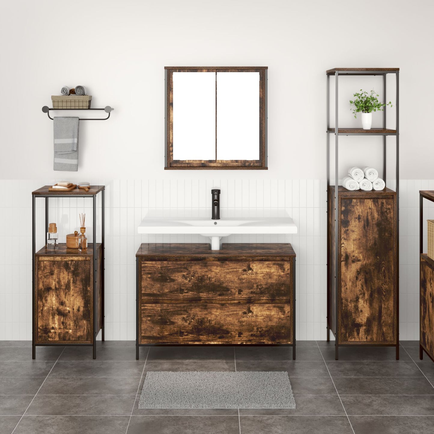 3 Delige Badkamermeubelset Smoked Oak Engineered Wood Gerookte eiken