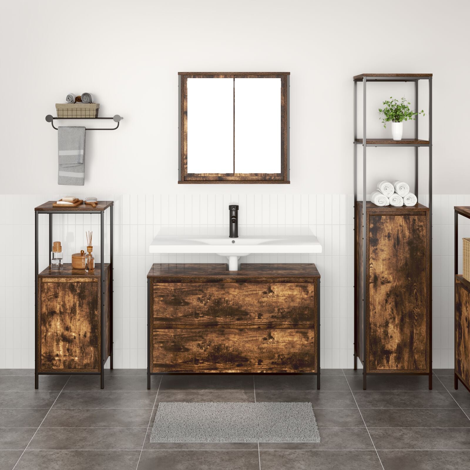 3 Delige Badkamermeubelset Smoked Oak Engineered Wood Gerookte eiken