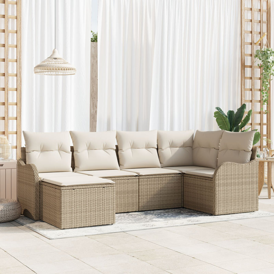 6-Delige Tuin Sofa Set Met Kussens Beige Poly Rattan, 2-Zits Tuin Sofa Met Opslag & Kussens Beige Poly Rattan Gegalvaniseerd Staal