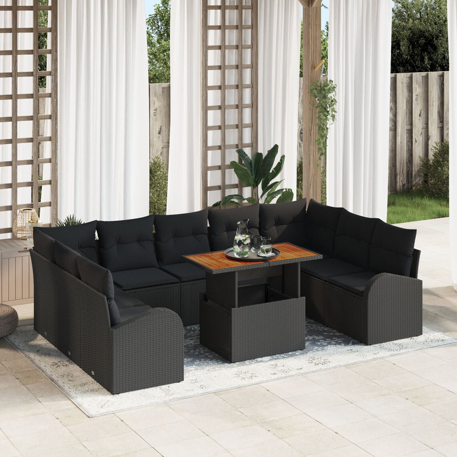 10-Delige Tuin Eetset Met Kussens Zwart Poly Rattan Acacia