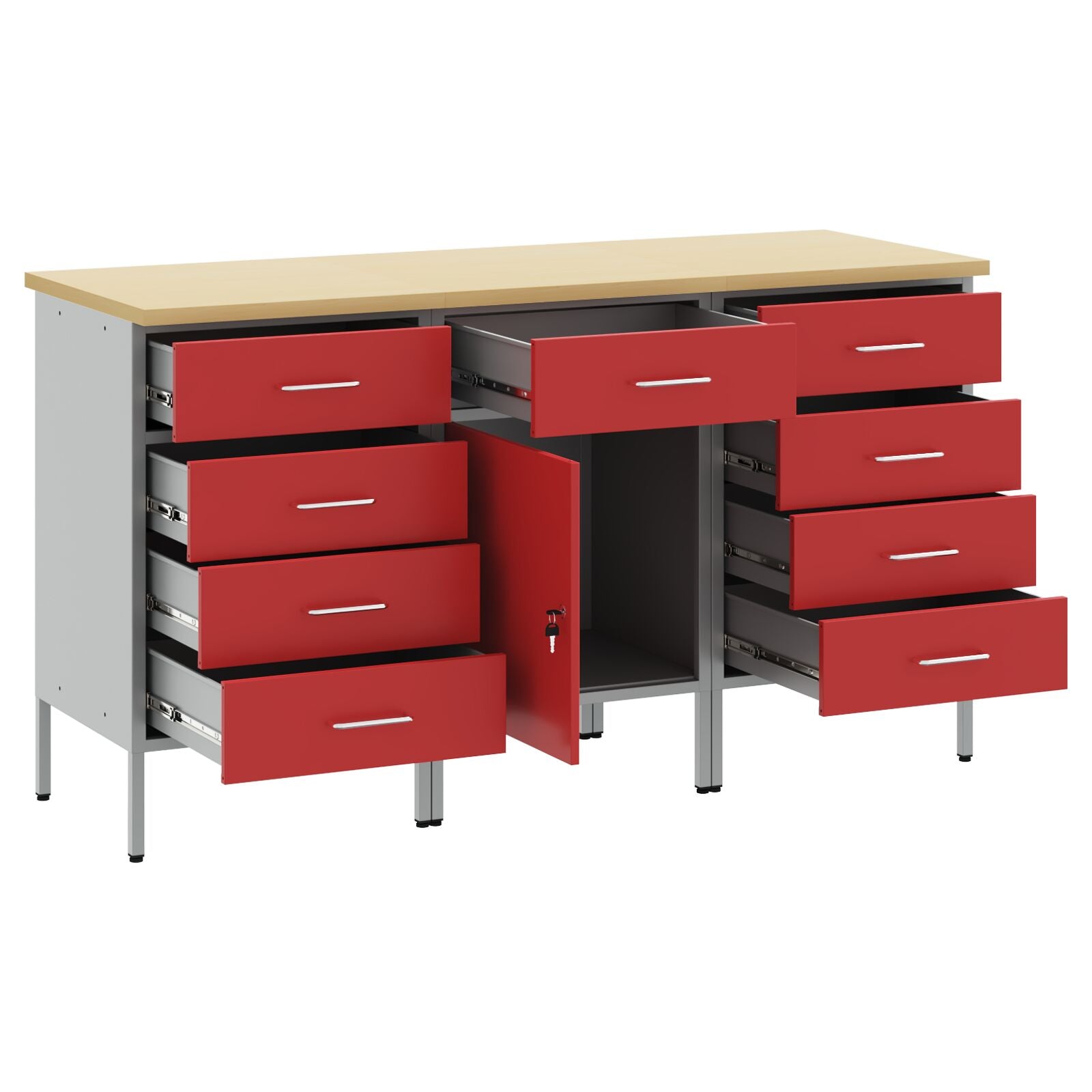 3-Delige Werkcabinet Set En Grijs Van Geëngineerd Hout En Staal 3x (84/85/85 cm) Rood 3x cabinet