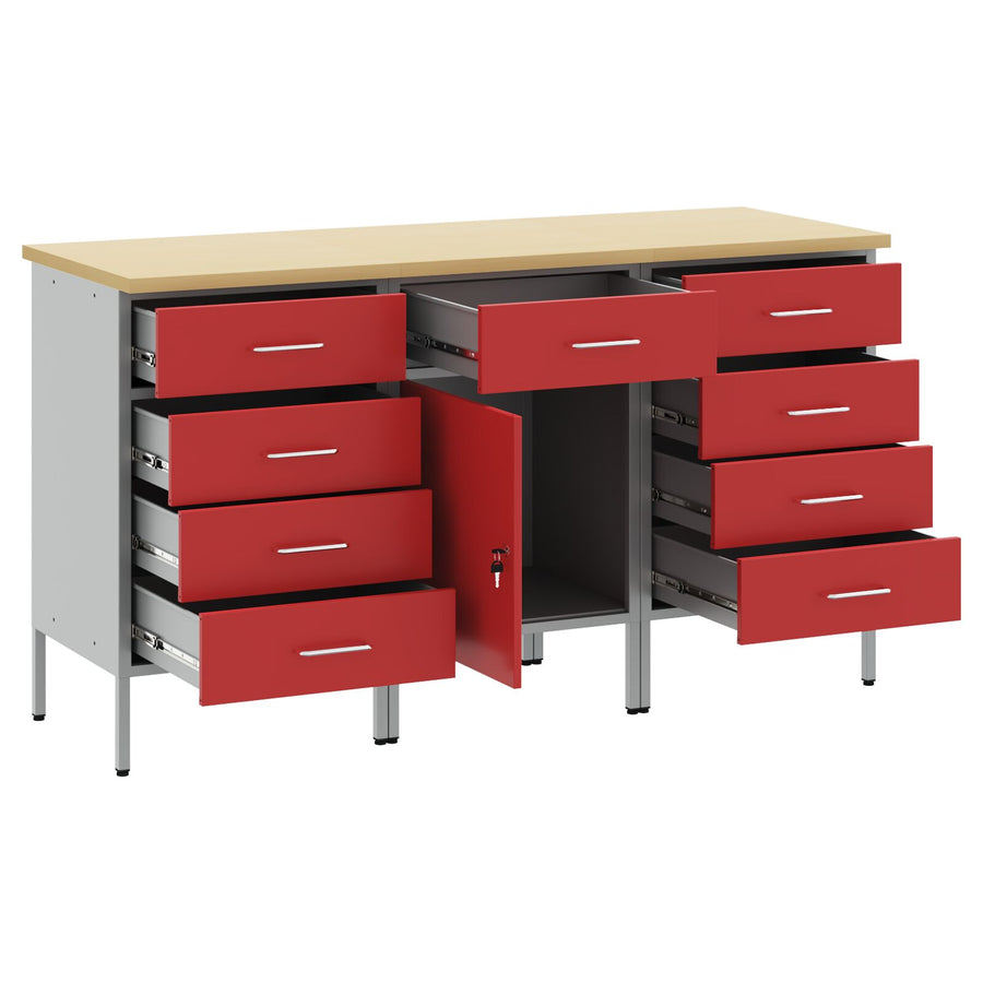 3-Delige Werkcabinet Set En Grijs Van Geëngineerd Hout En Staal 3x (84/85/85 cm) Rood 3x cabinet