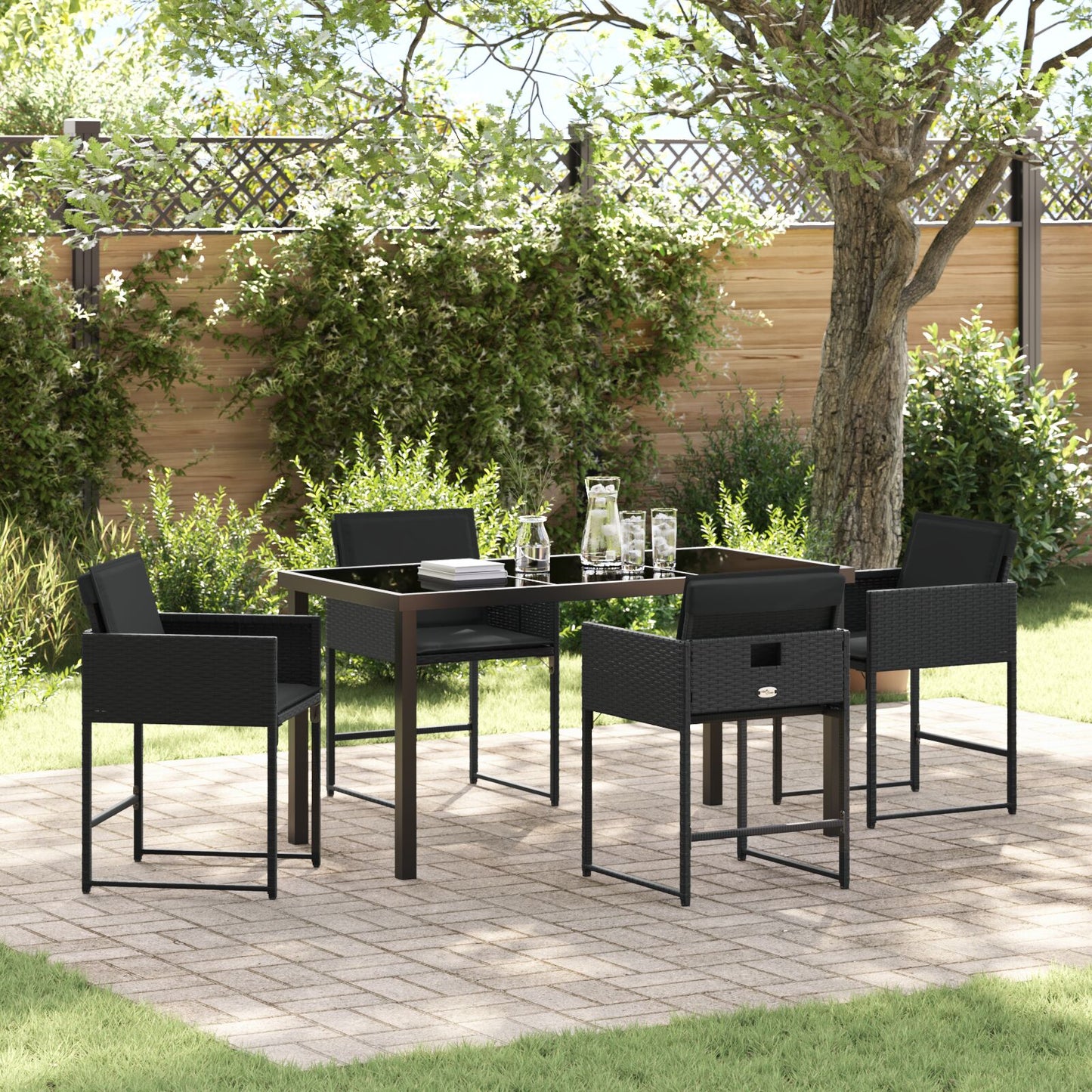 5-Delige Tuin Eetset Met Kussens Zwart Poly Rattan