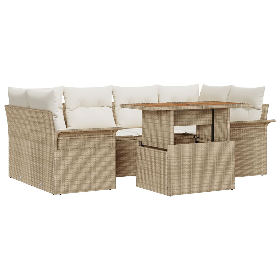 7-Delige Tuinsofa Set Met Kussens Beige Poly Rattan Acacia
